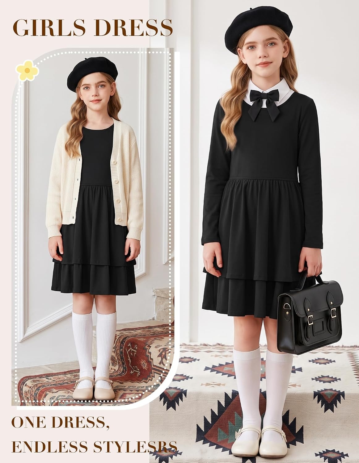 image:imageGRACE KARIN Girls Fall Dress Long Sleeve Tie Back Pockets School Party 714Black