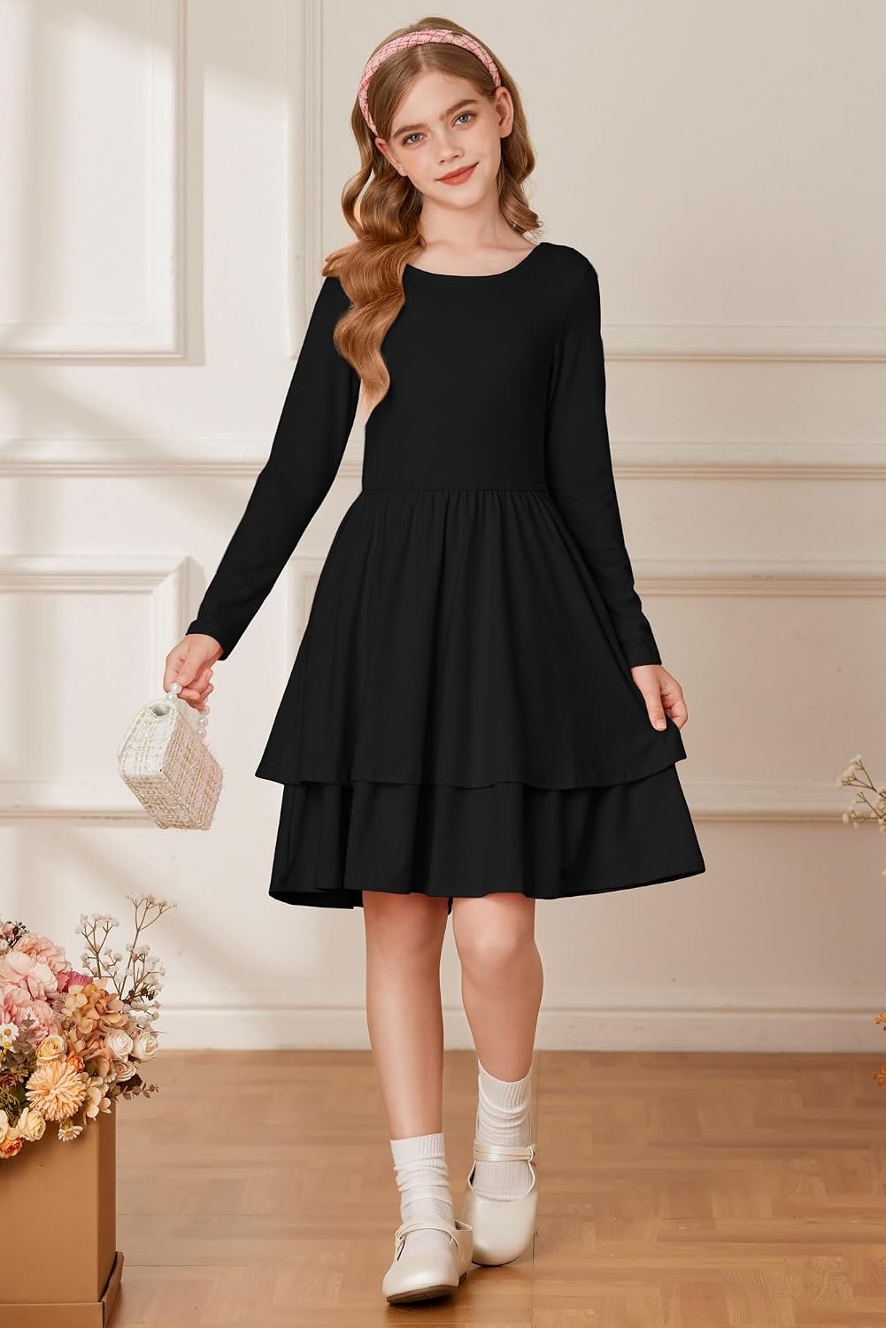 image:imageGRACE KARIN Girls Fall Dress Long Sleeve Tie Back Pockets School Party 714Black
