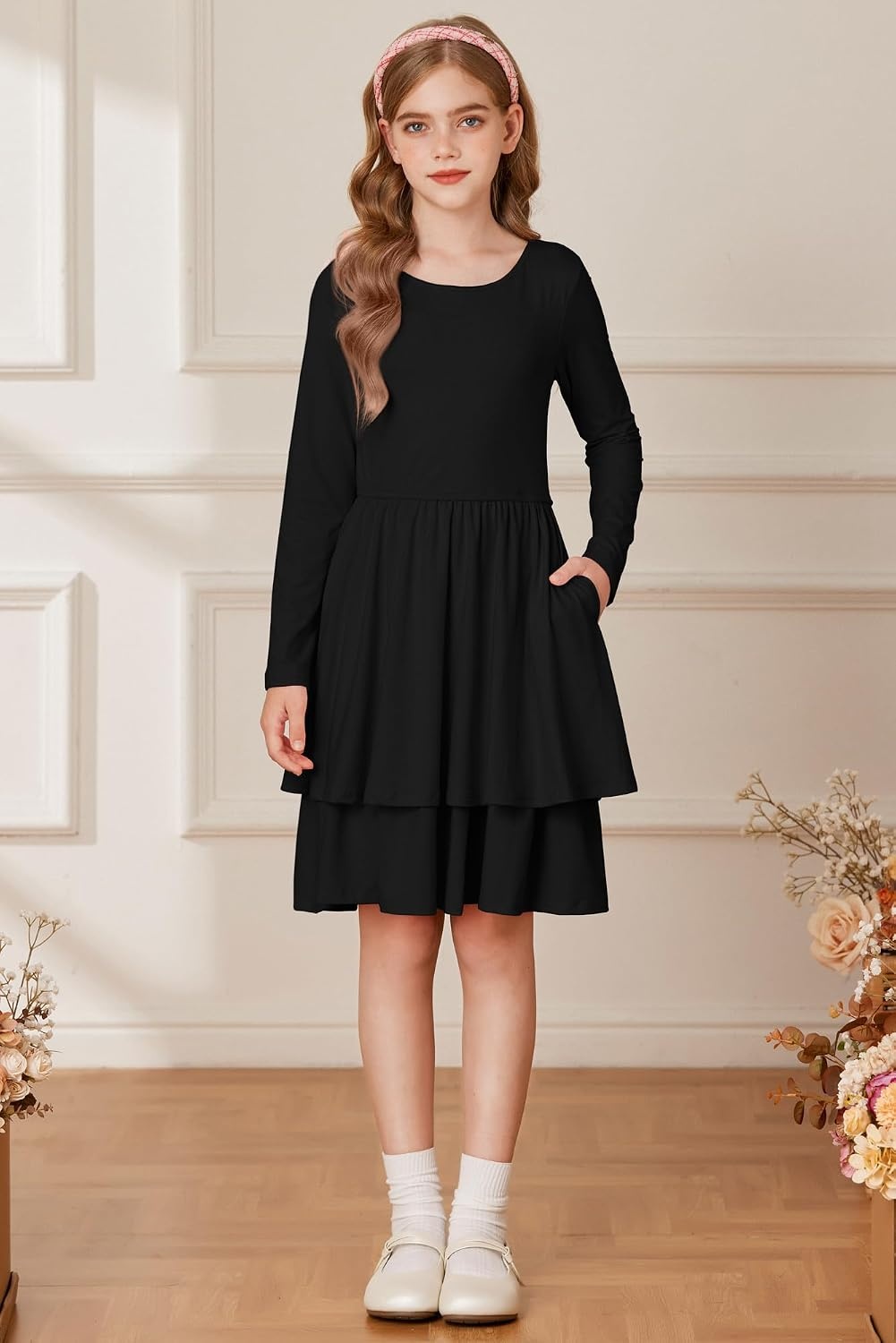 image:imageGRACE KARIN Girls Fall Dress Long Sleeve Tie Back Pockets School Party 714Black