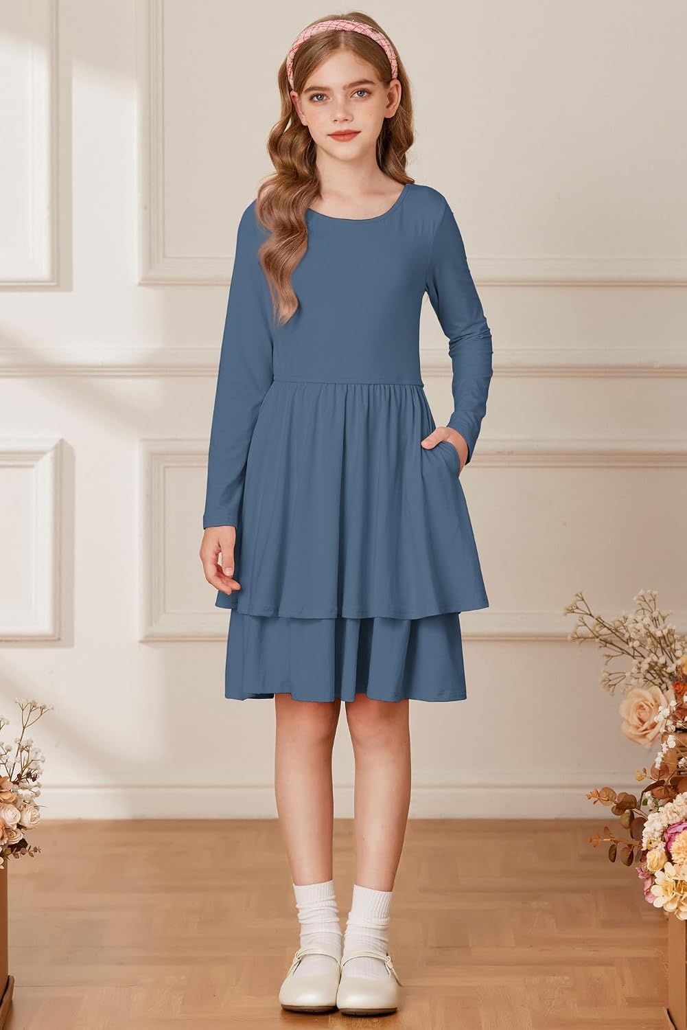 image:imageGRACE KARIN Girls Fall Dress Long Sleeve Tie Back Pockets School Party 714Gray Blue