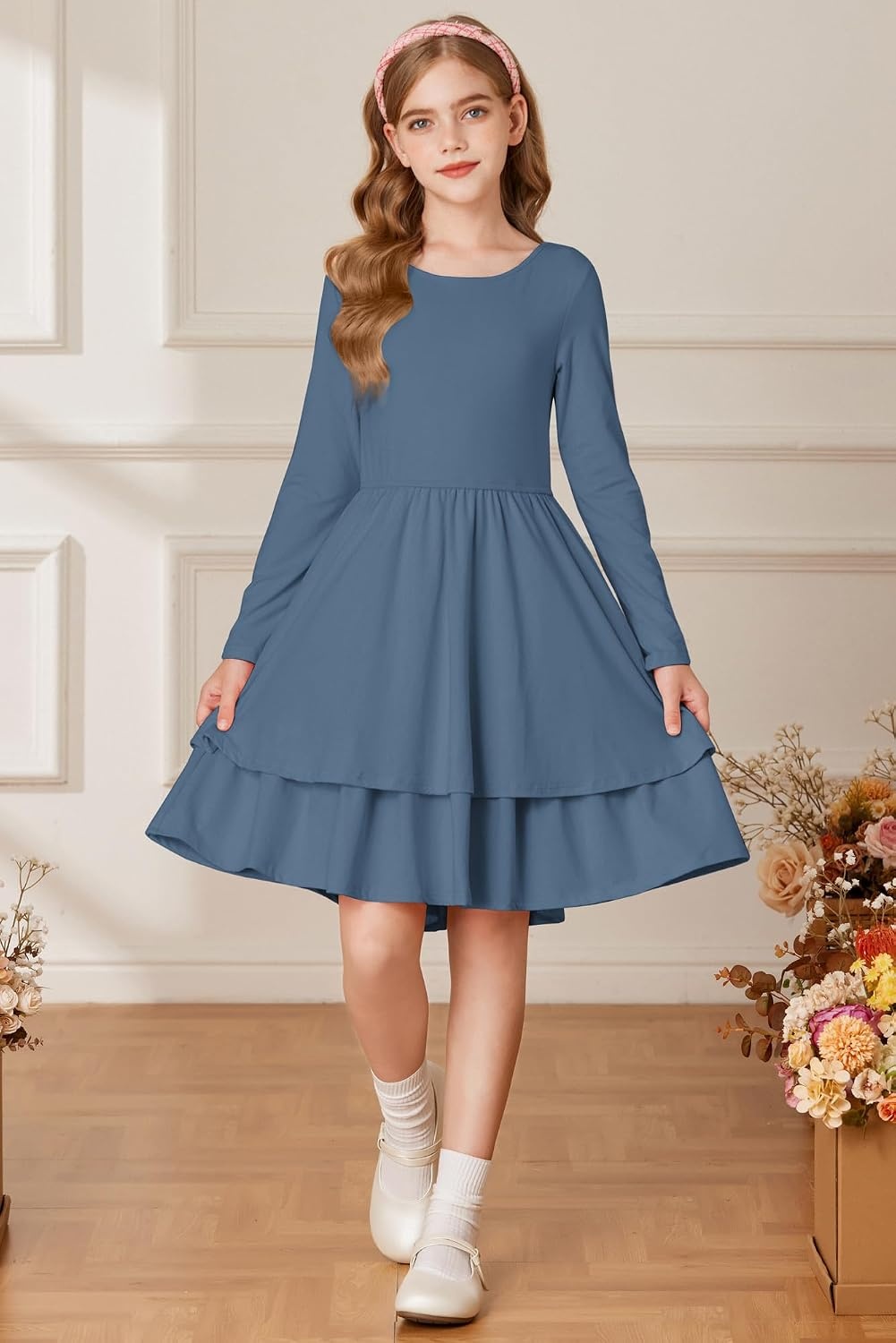 image:imageGRACE KARIN Girls Fall Dress Long Sleeve Tie Back Pockets School Party 714Gray Blue