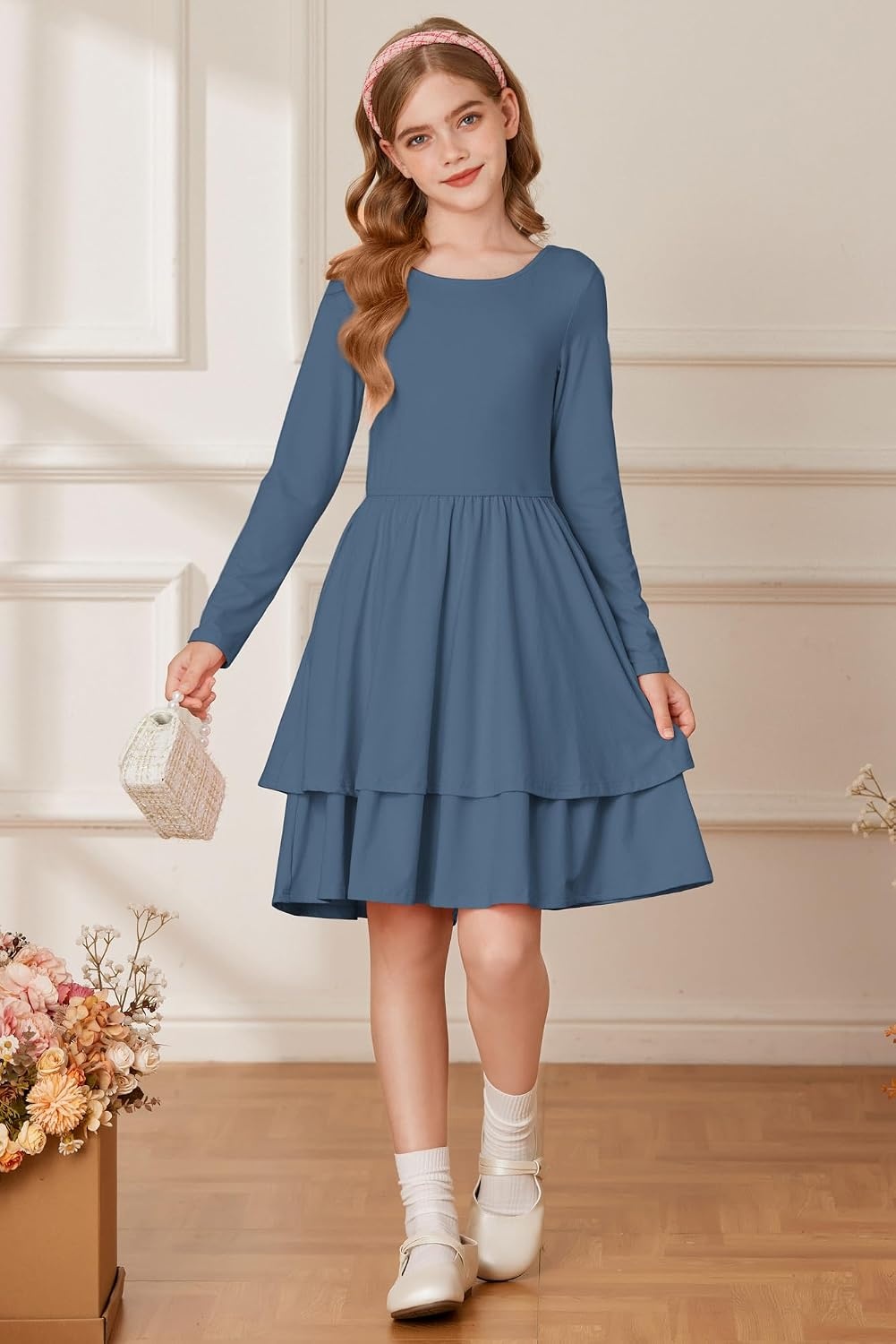 image:imageGRACE KARIN Girls Fall Dress Long Sleeve Tie Back Pockets School Party 714Gray Blue