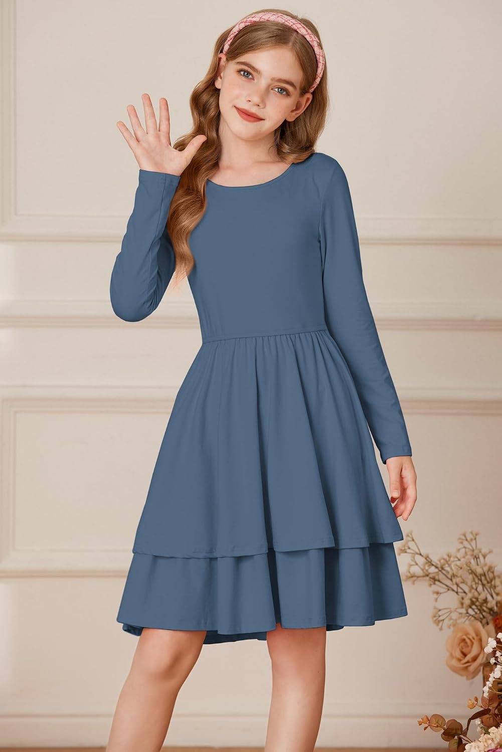 image:imageGRACE KARIN Girls Fall Dress Long Sleeve Tie Back Pockets School Party 714Gray Blue