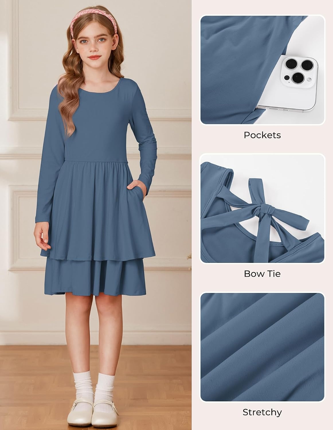 image:imageGRACE KARIN Girls Fall Dress Long Sleeve Tie Back Pockets School Party 714Gray Blue