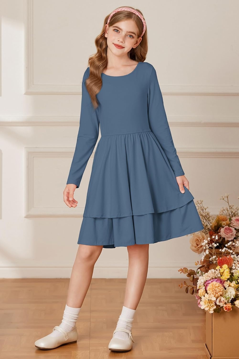 image:imageGRACE KARIN Girls Fall Dress Long Sleeve Tie Back Pockets School Party 714Gray Blue