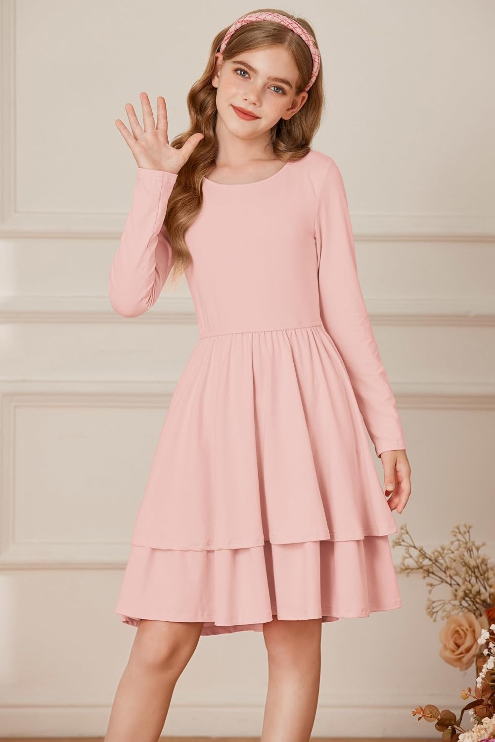 image:imageGRACE KARIN Girls Fall Dress Long Sleeve Tie Back Pockets School Party 714Gray Pink