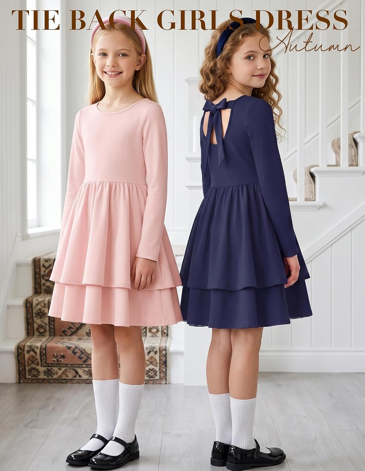 image:imageGRACE KARIN Girls Fall Dress Long Sleeve Tie Back Pockets School Party 714Gray Pink