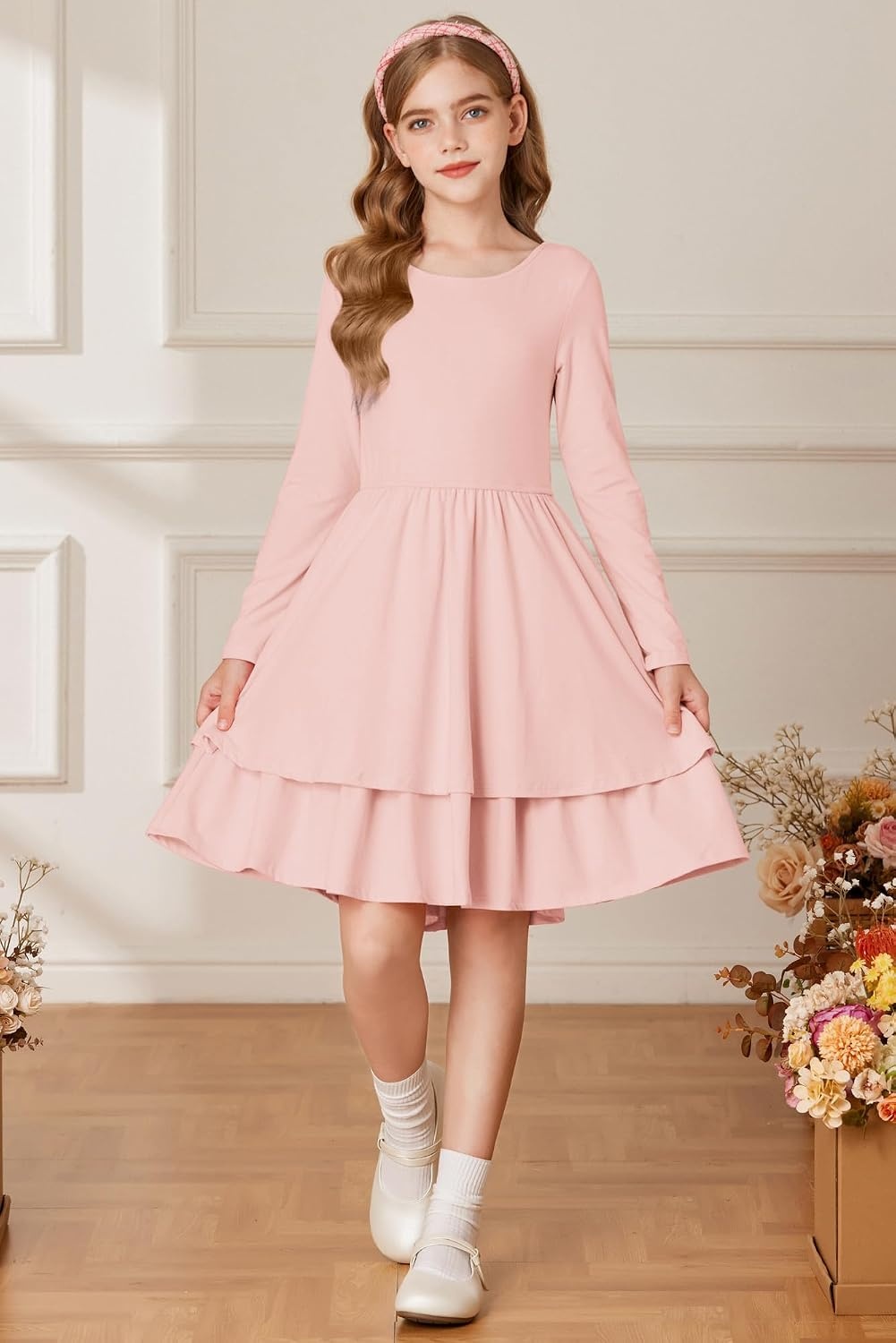 image:imageGRACE KARIN Girls Fall Dress Long Sleeve Tie Back Pockets School Party 714Gray Pink