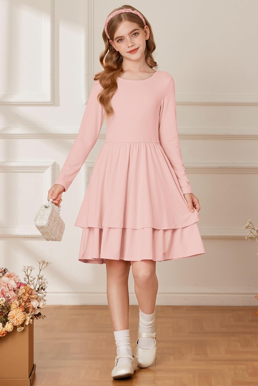 image:imageGRACE KARIN Girls Fall Dress Long Sleeve Tie Back Pockets School Party 714Gray Pink