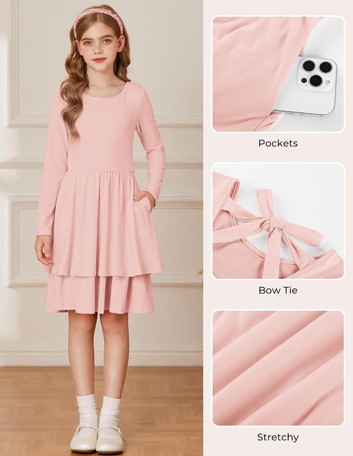 image:imageGRACE KARIN Girls Fall Dress Long Sleeve Tie Back Pockets School Party 714Gray Pink