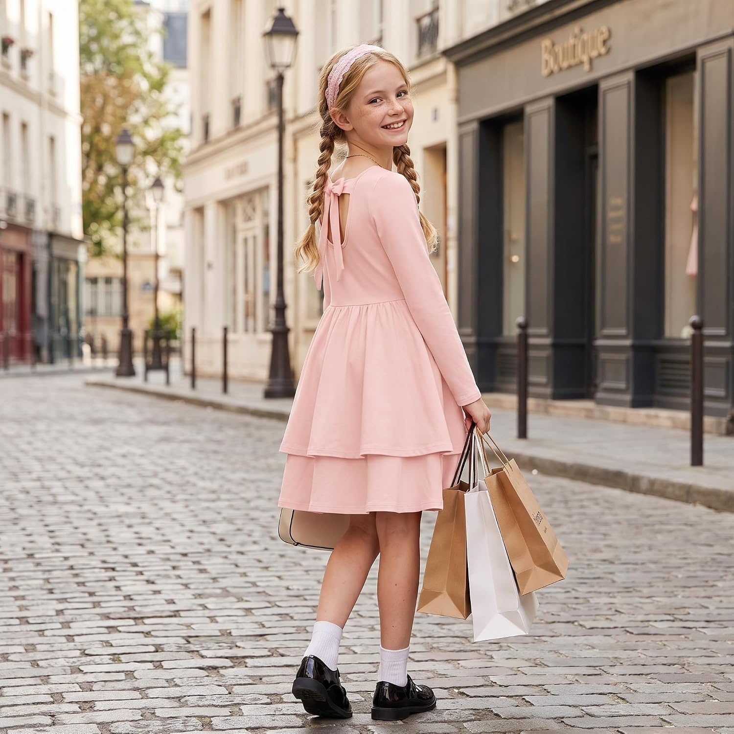 image:imageGRACE KARIN Girls Fall Dress Long Sleeve Tie Back Pockets School Party 714Gray Pink