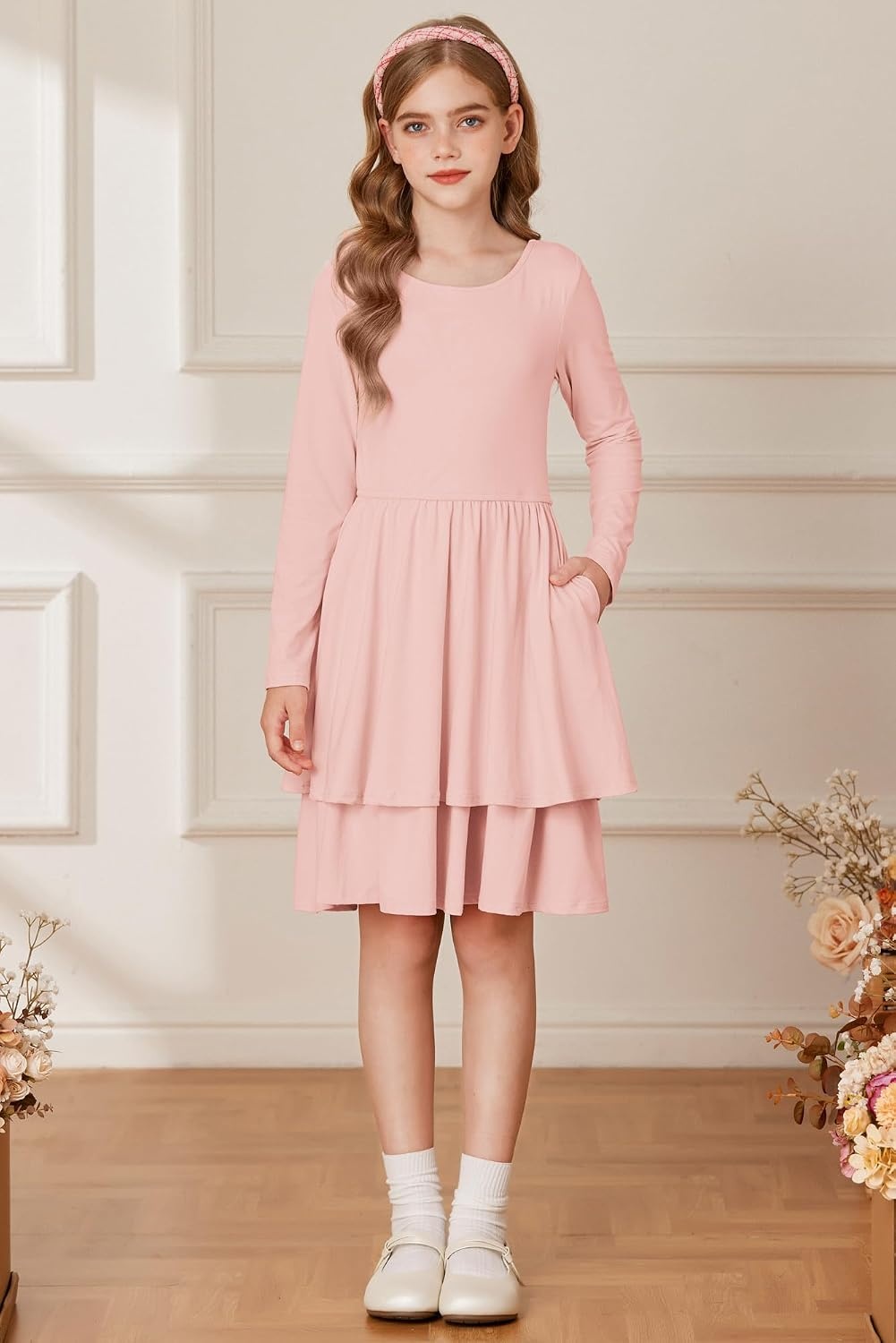 image:imageGRACE KARIN Girls Fall Dress Long Sleeve Tie Back Pockets School Party 714Gray Pink