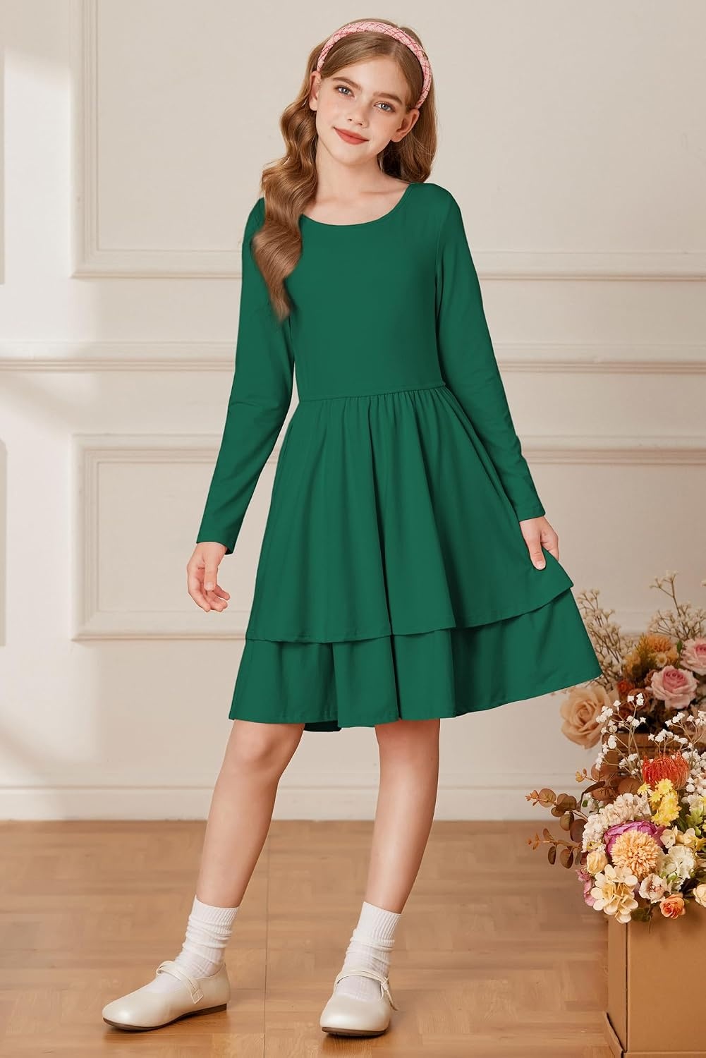 image:imageGRACE KARIN Girls Fall Dress Long Sleeve Tie Back Pockets School Party 714Green