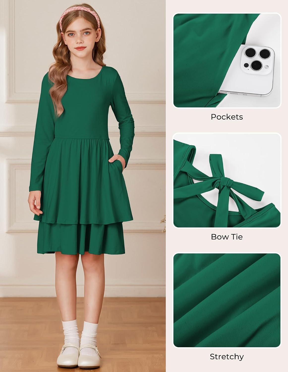 image:imageGRACE KARIN Girls Fall Dress Long Sleeve Tie Back Pockets School Party 714Green