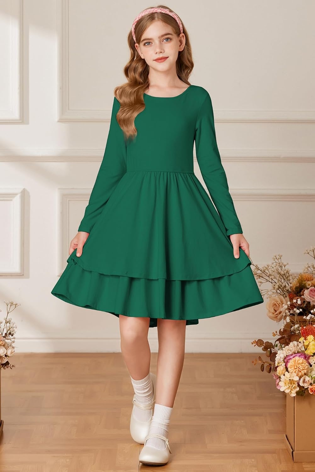 image:imageGRACE KARIN Girls Fall Dress Long Sleeve Tie Back Pockets School Party 714Green
