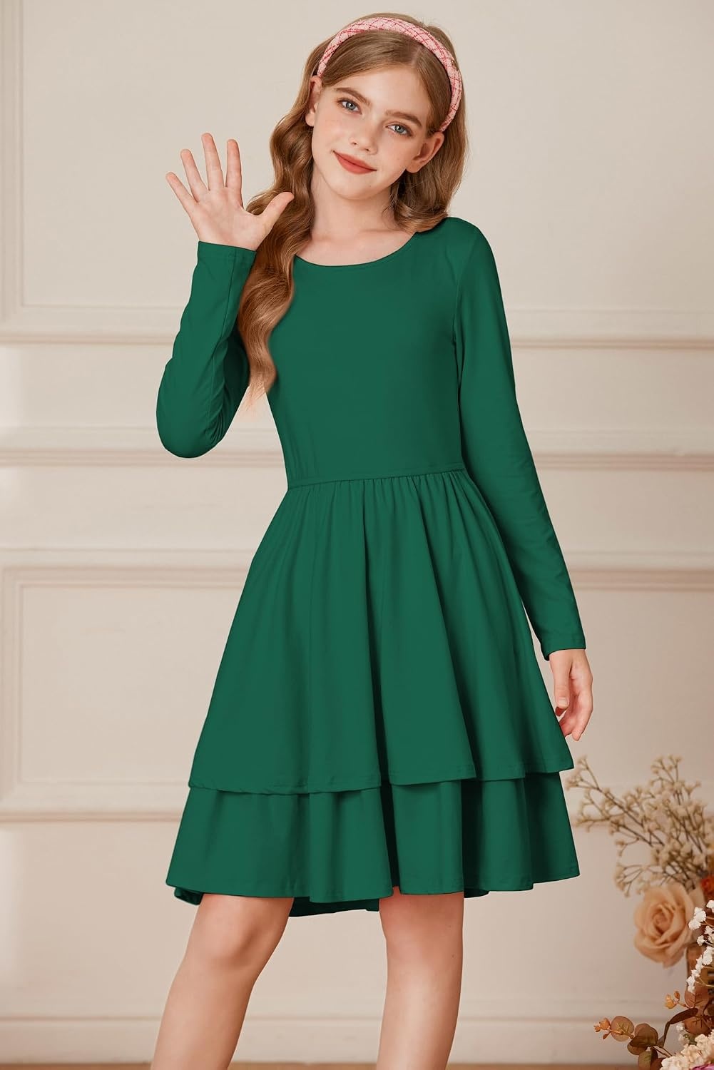 image:imageGRACE KARIN Girls Fall Dress Long Sleeve Tie Back Pockets School Party 714Green