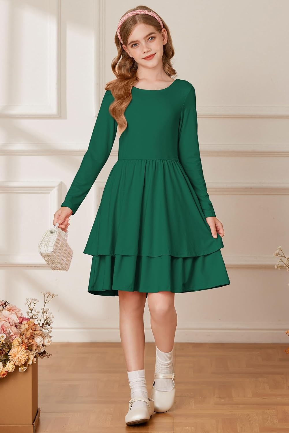 image:imageGRACE KARIN Girls Fall Dress Long Sleeve Tie Back Pockets School Party 714Green