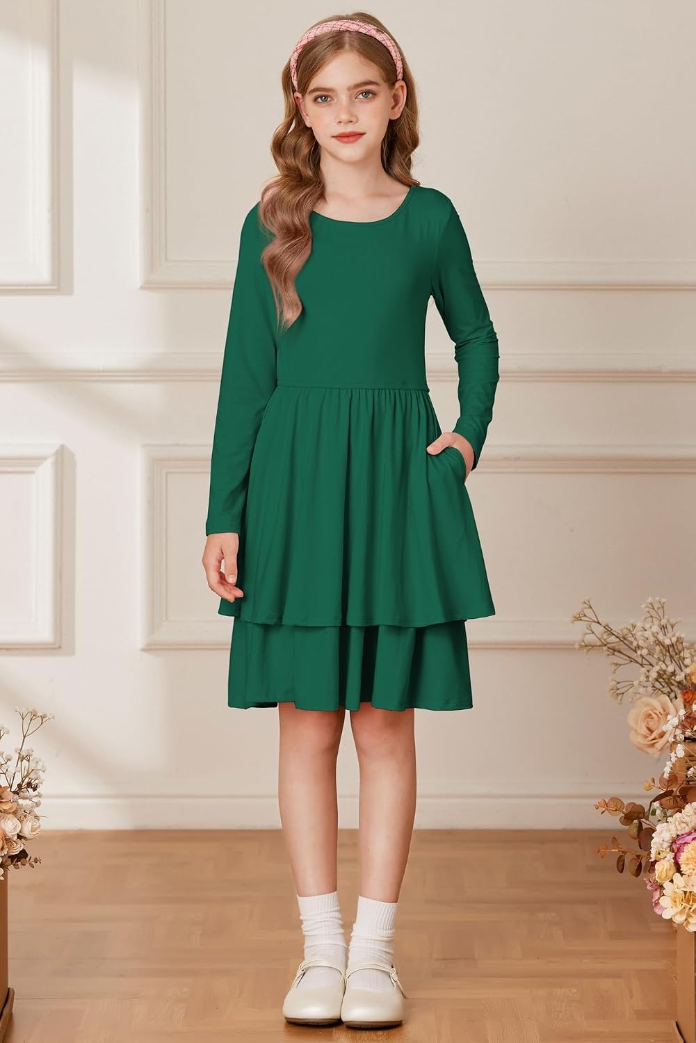 image:imageGRACE KARIN Girls Fall Dress Long Sleeve Tie Back Pockets School Party 714Green