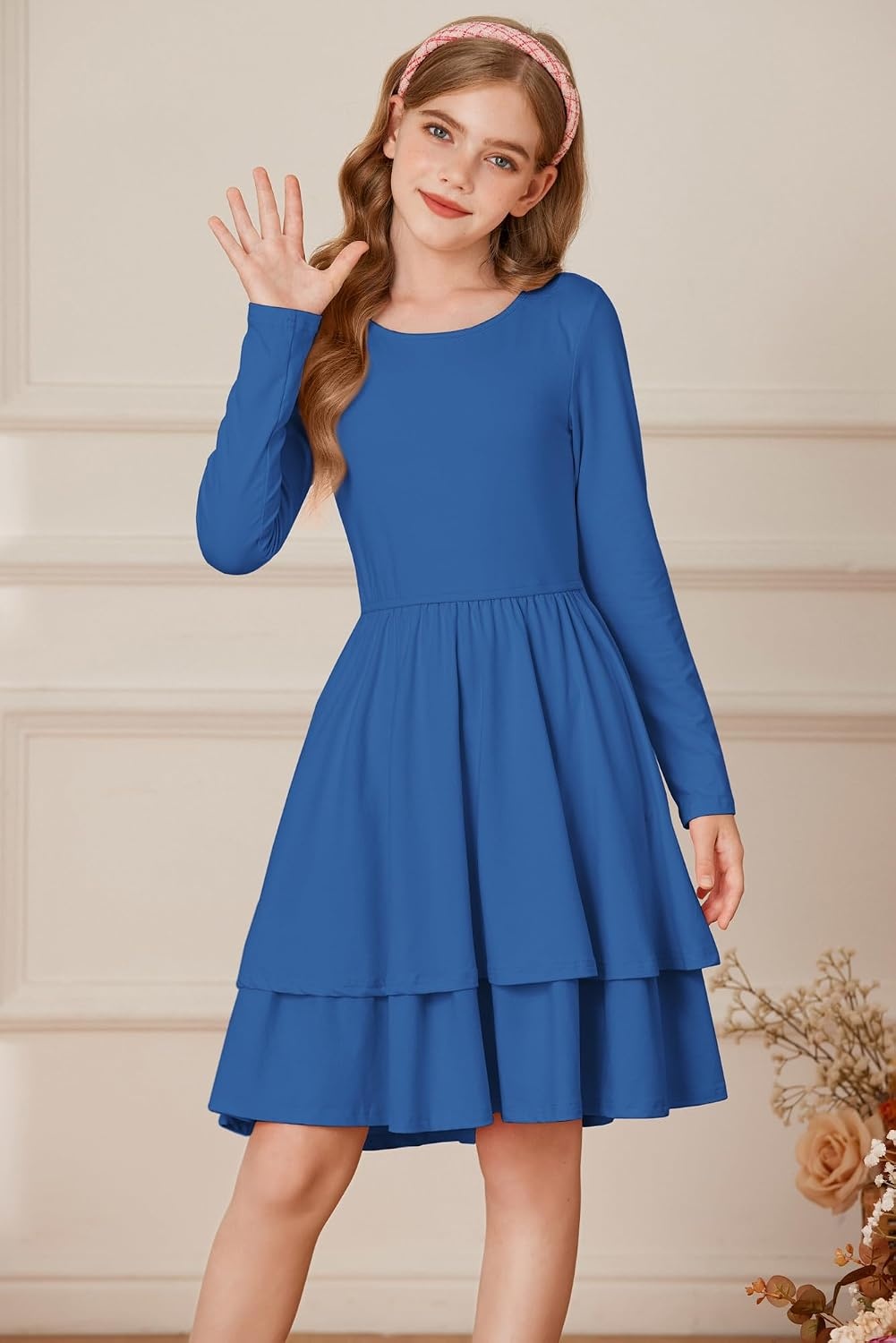 image:imageGRACE KARIN Girls Fall Dress Long Sleeve Tie Back Pockets School Party 714Lake Blue