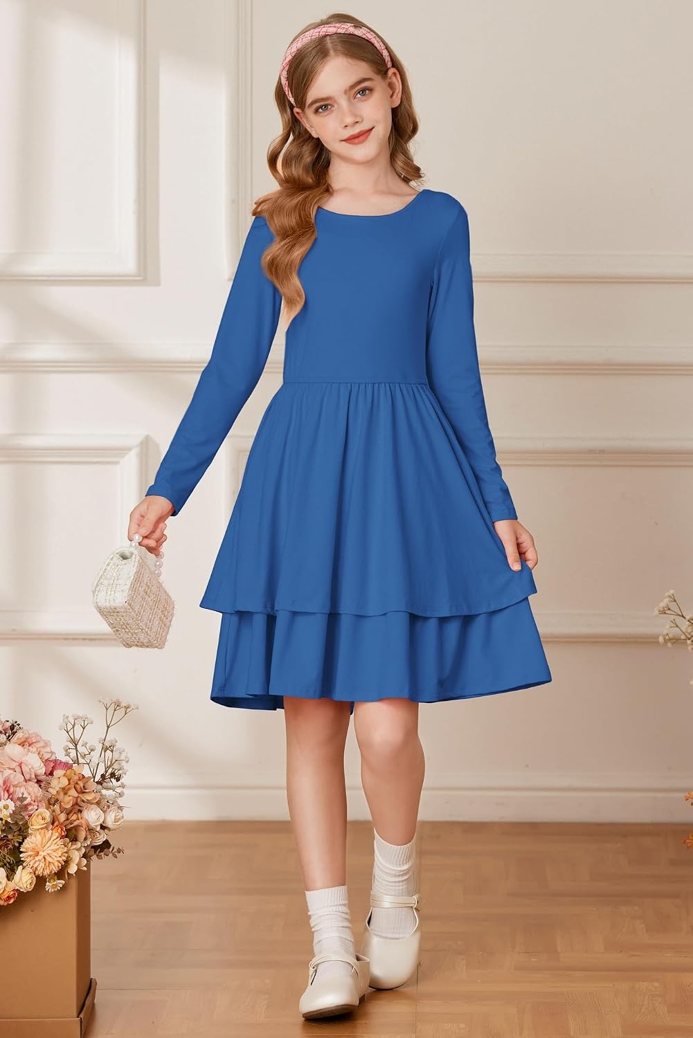 image:imageGRACE KARIN Girls Fall Dress Long Sleeve Tie Back Pockets School Party 714Lake Blue