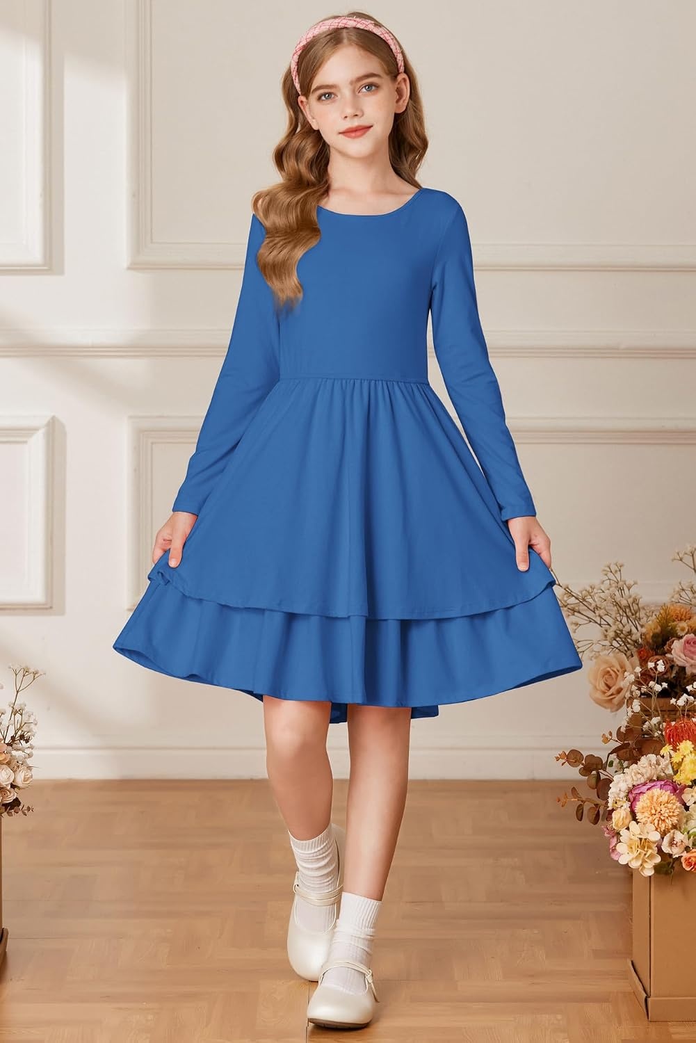 image:imageGRACE KARIN Girls Fall Dress Long Sleeve Tie Back Pockets School Party 714Lake Blue