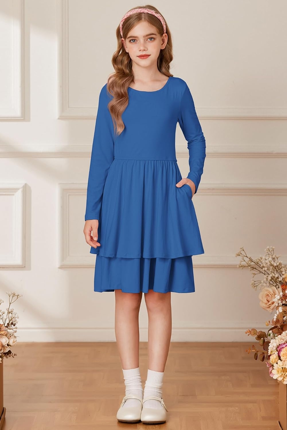 image:imageGRACE KARIN Girls Fall Dress Long Sleeve Tie Back Pockets School Party 714Lake Blue