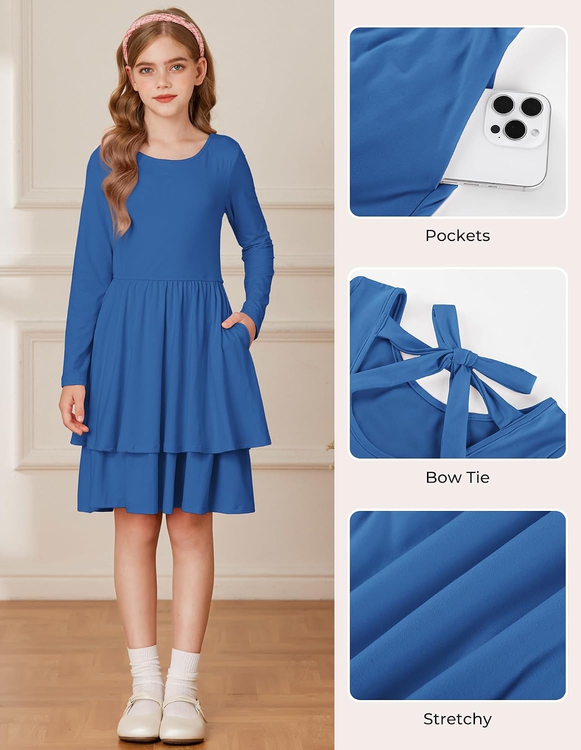 image:imageGRACE KARIN Girls Fall Dress Long Sleeve Tie Back Pockets School Party 714Lake Blue