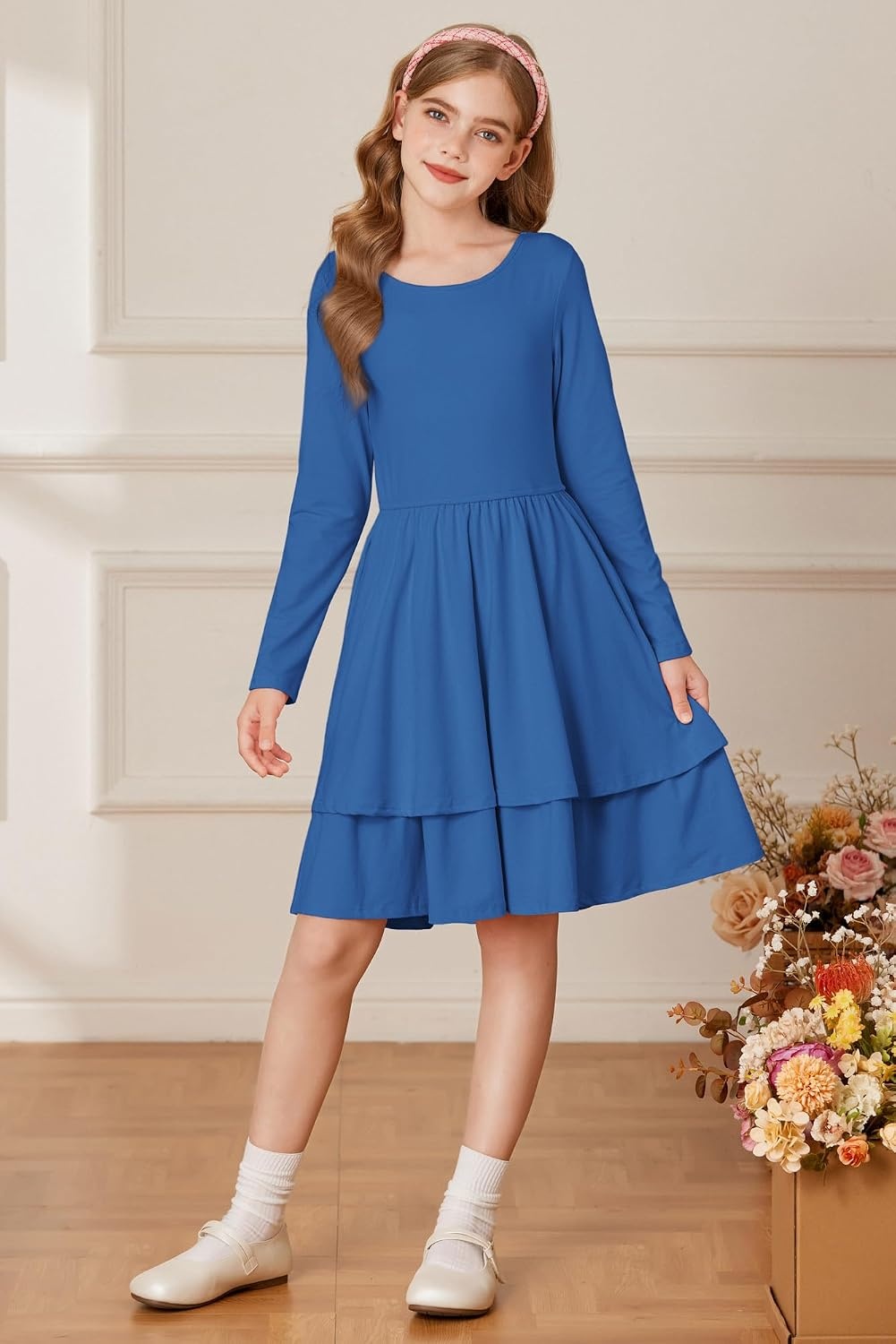 image:imageGRACE KARIN Girls Fall Dress Long Sleeve Tie Back Pockets School Party 714Lake Blue