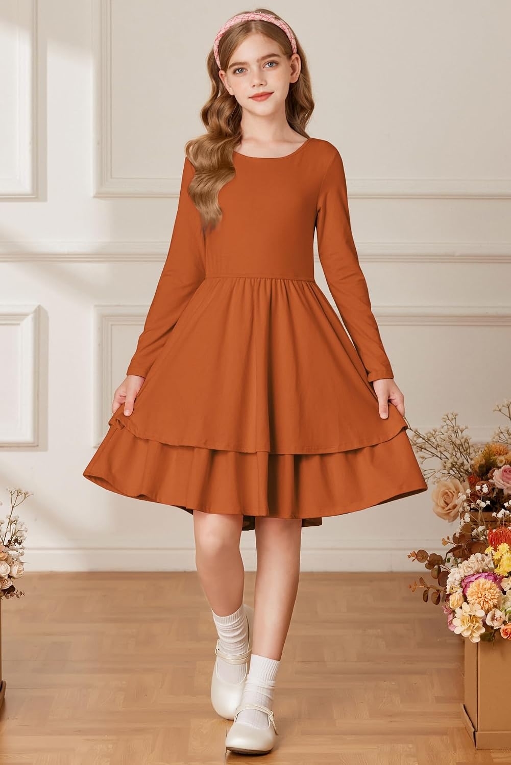 image:imageGRACE KARIN Girls Fall Dress Long Sleeve Tie Back Pockets School Party 714Pumpkin Orange