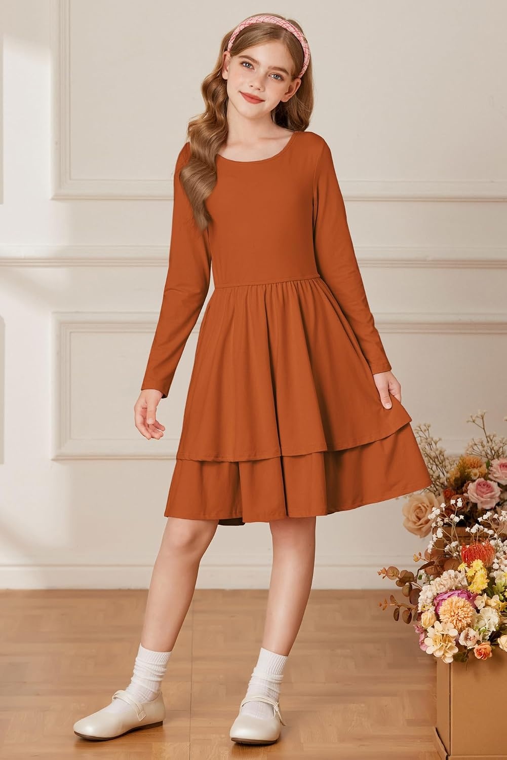 image:imageGRACE KARIN Girls Fall Dress Long Sleeve Tie Back Pockets School Party 714Pumpkin Orange