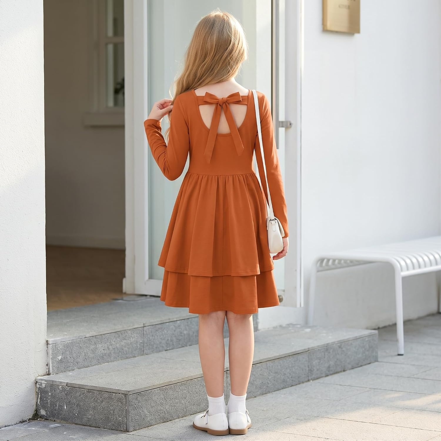 image:imageGRACE KARIN Girls Fall Dress Long Sleeve Tie Back Pockets School Party 714Pumpkin Orange