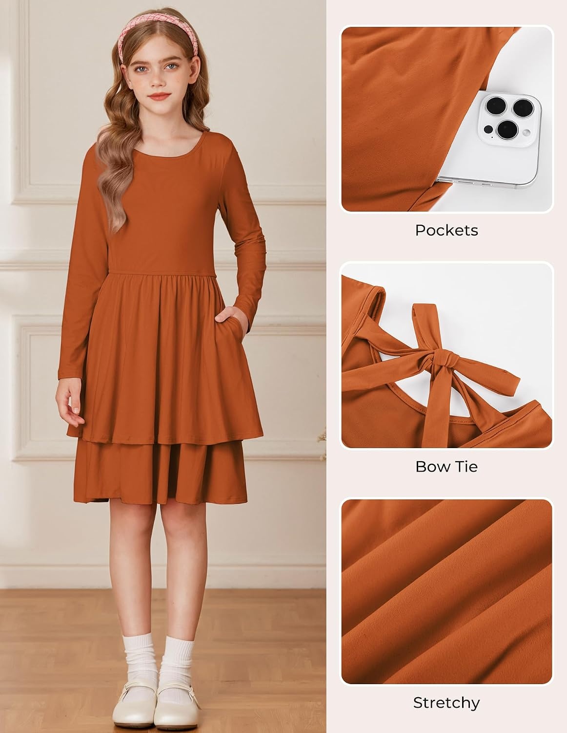 image:imageGRACE KARIN Girls Fall Dress Long Sleeve Tie Back Pockets School Party 714Pumpkin Orange
