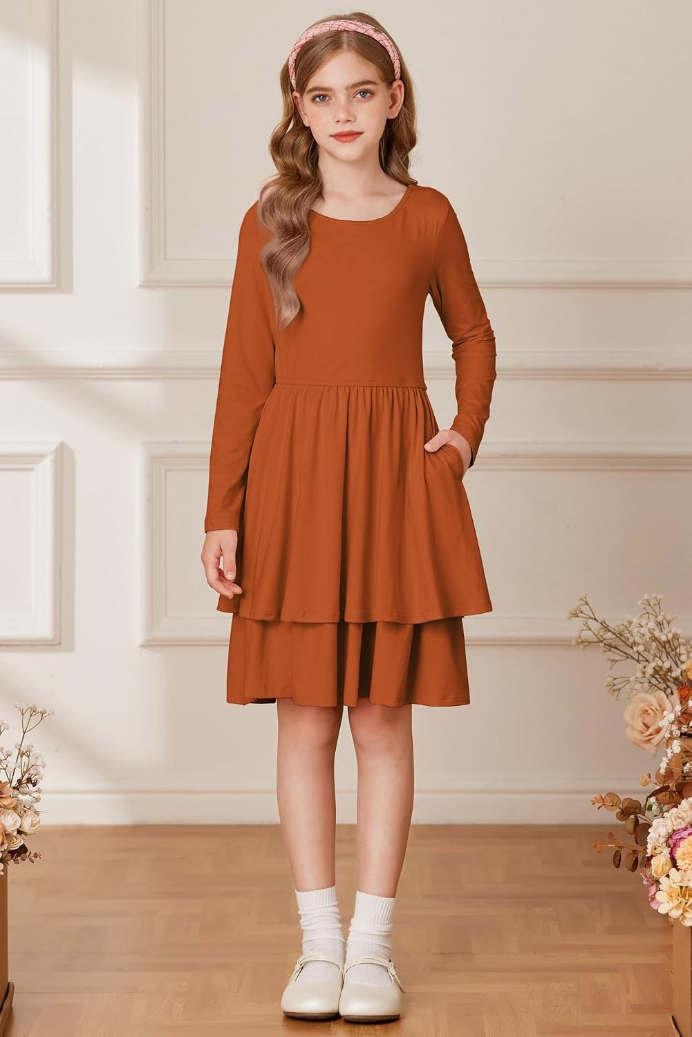 image:imageGRACE KARIN Girls Fall Dress Long Sleeve Tie Back Pockets School Party 714Pumpkin Orange