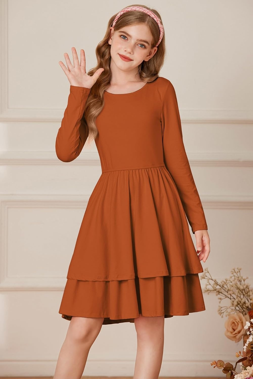 image:imageGRACE KARIN Girls Fall Dress Long Sleeve Tie Back Pockets School Party 714Pumpkin Orange