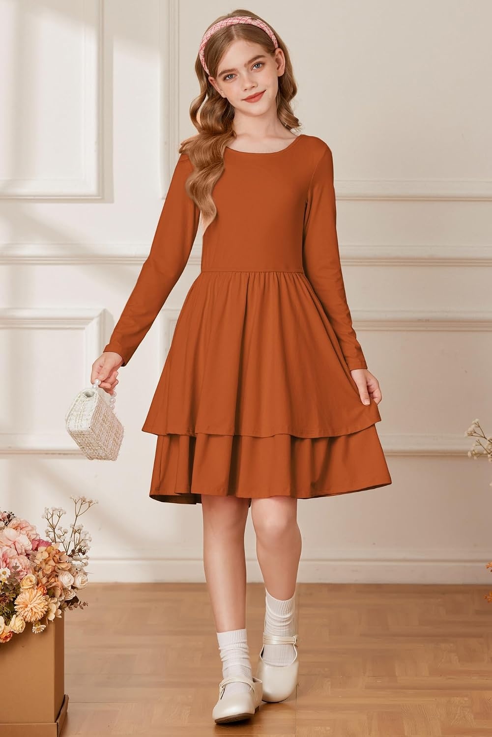 image:imageGRACE KARIN Girls Fall Dress Long Sleeve Tie Back Pockets School Party 714Pumpkin Orange