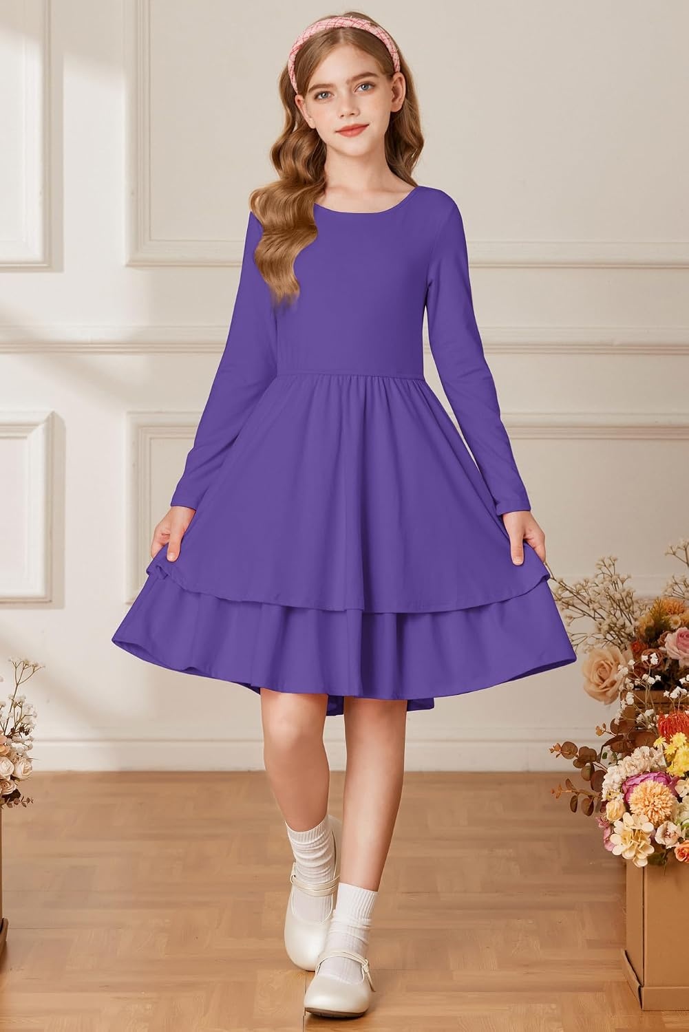 image:imageGRACE KARIN Girls Fall Dress Long Sleeve Tie Back Pockets School Party 714Purple