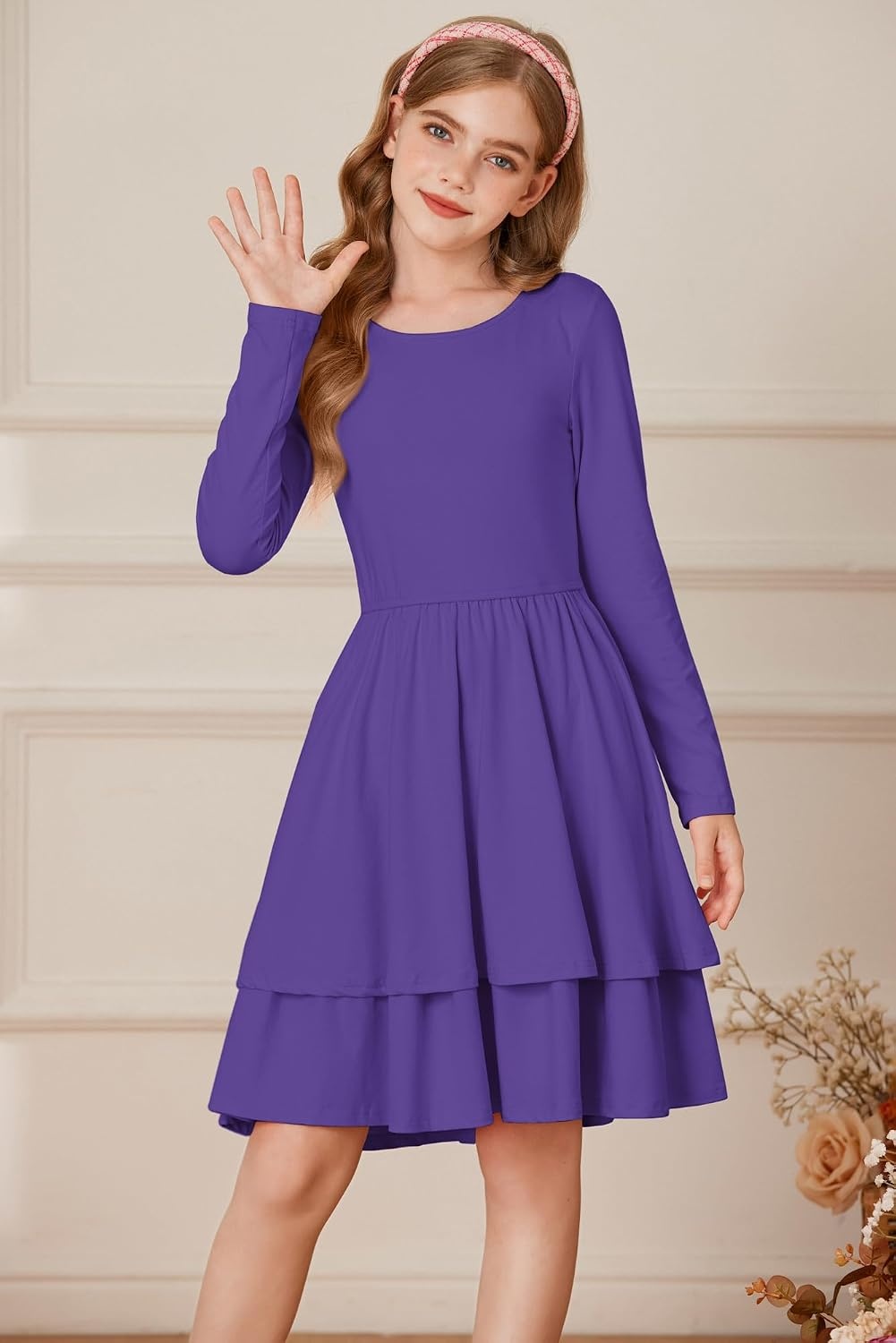 image:imageGRACE KARIN Girls Fall Dress Long Sleeve Tie Back Pockets School Party 714Purple