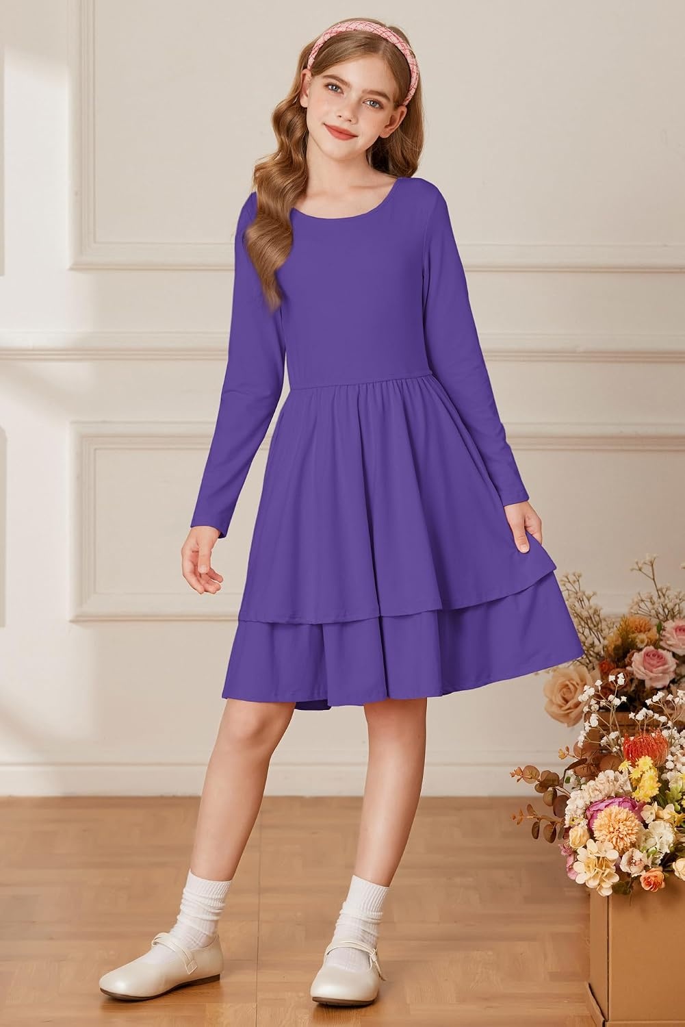 image:imageGRACE KARIN Girls Fall Dress Long Sleeve Tie Back Pockets School Party 714Purple