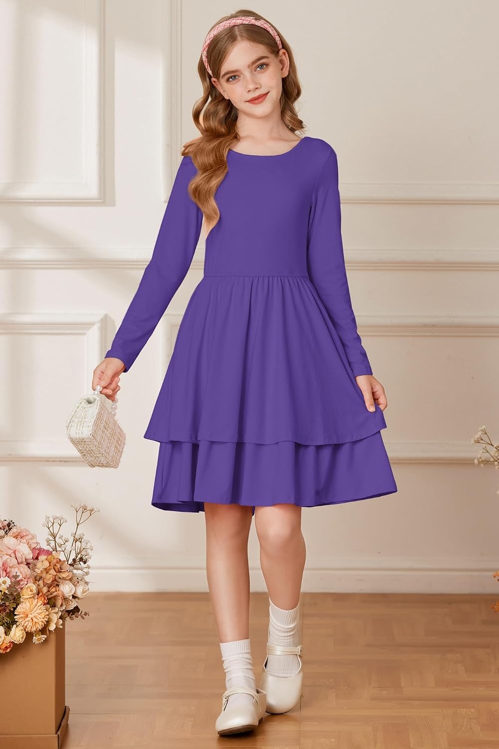 image:imageGRACE KARIN Girls Fall Dress Long Sleeve Tie Back Pockets School Party 714Purple