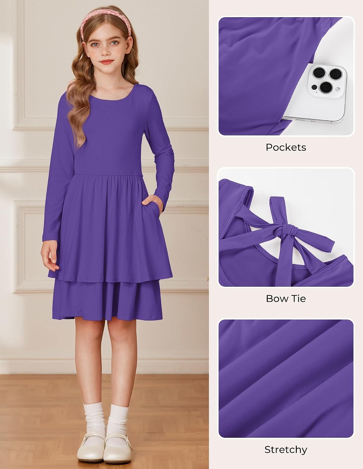 image:imageGRACE KARIN Girls Fall Dress Long Sleeve Tie Back Pockets School Party 714Purple