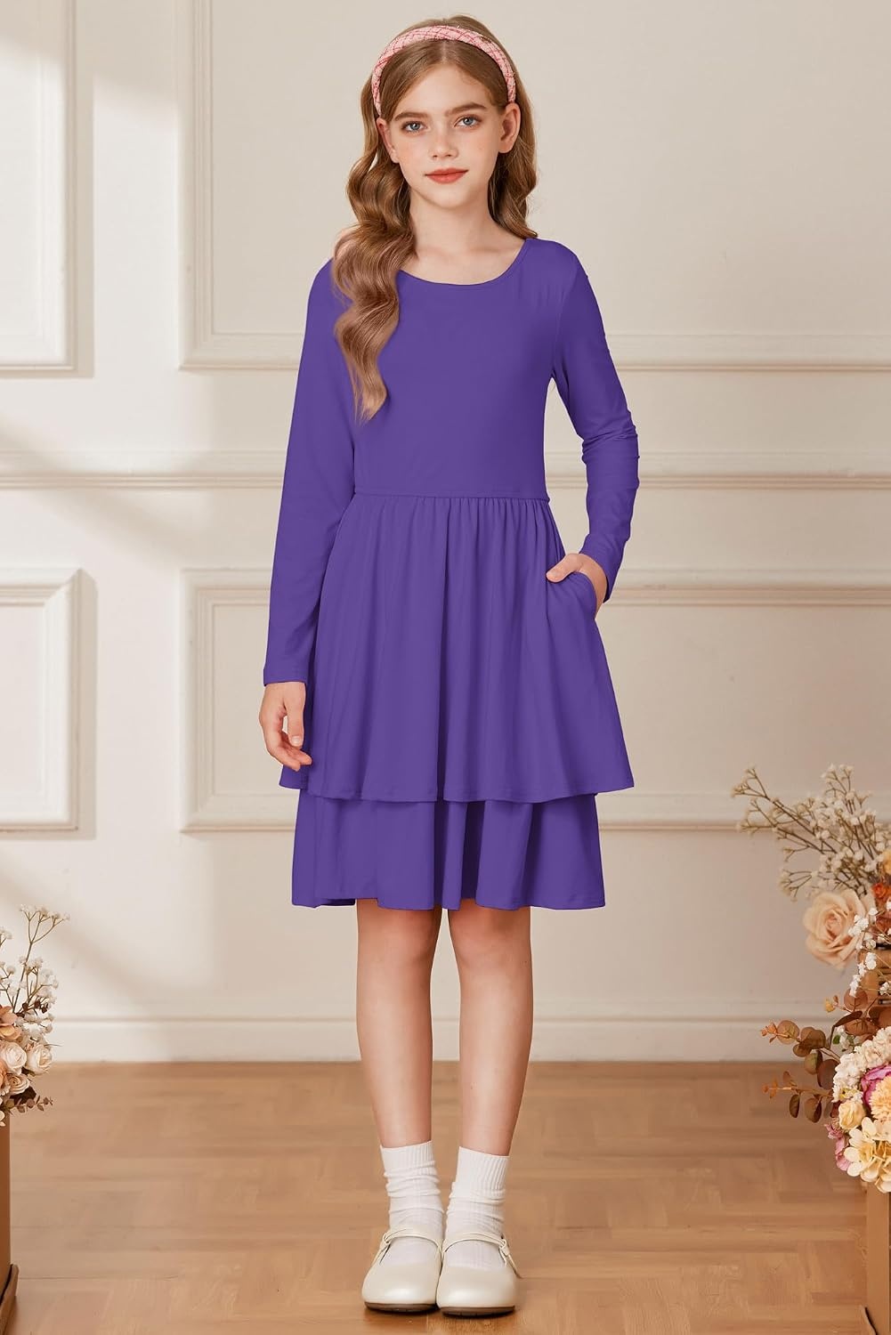image:imageGRACE KARIN Girls Fall Dress Long Sleeve Tie Back Pockets School Party 714Purple