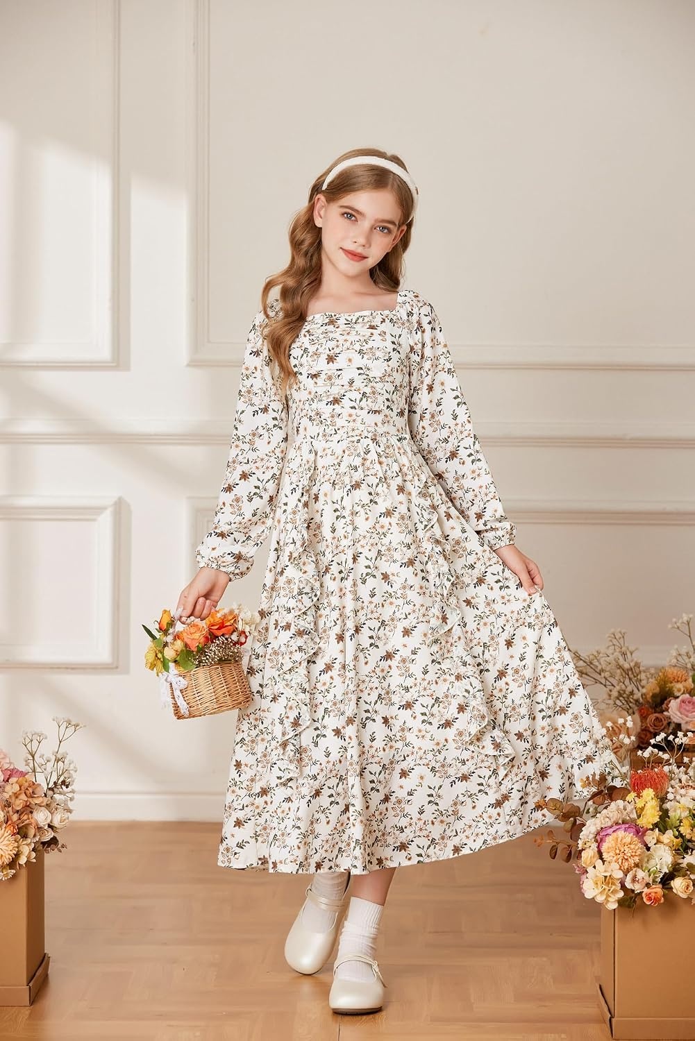 image:imageGRACE KARIN Girls Fall Dresses Long Sleeve Maxi Floral Winter Dress 714YApricot Floral