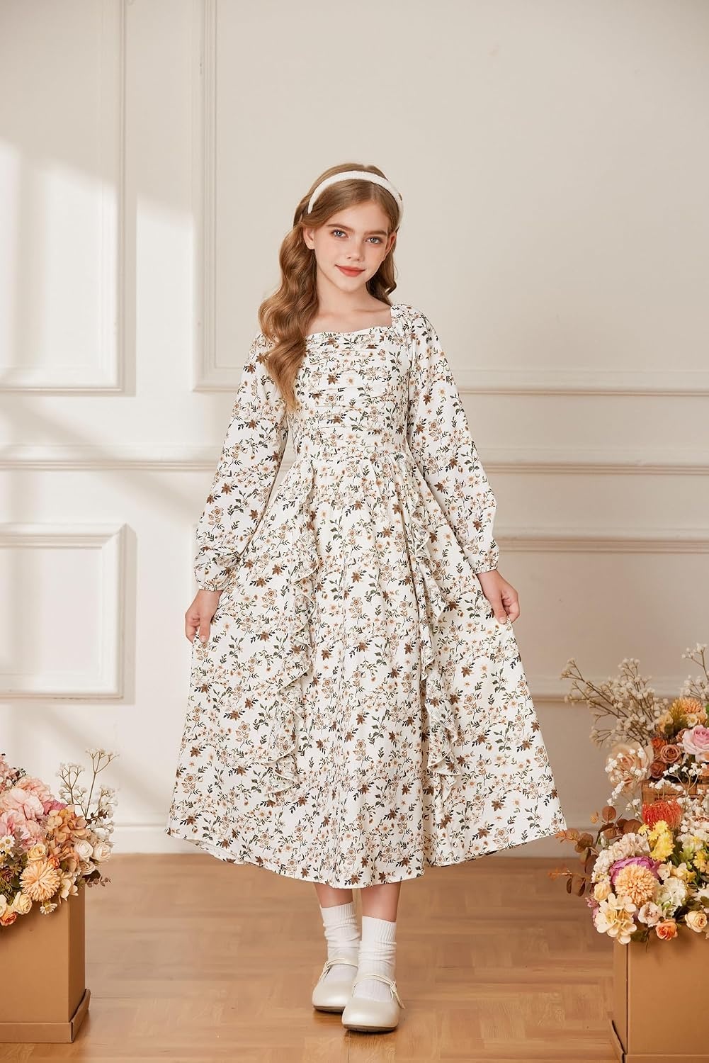 image:imageGRACE KARIN Girls Fall Dresses Long Sleeve Maxi Floral Winter Dress 714YApricot Floral