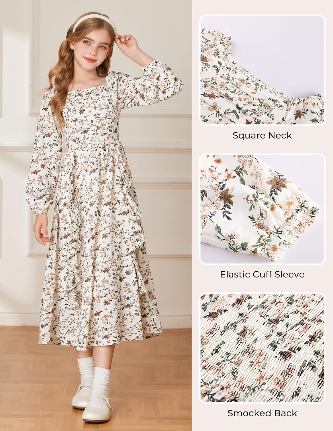 image:imageGRACE KARIN Girls Fall Dresses Long Sleeve Maxi Floral Winter Dress 714YApricot Floral