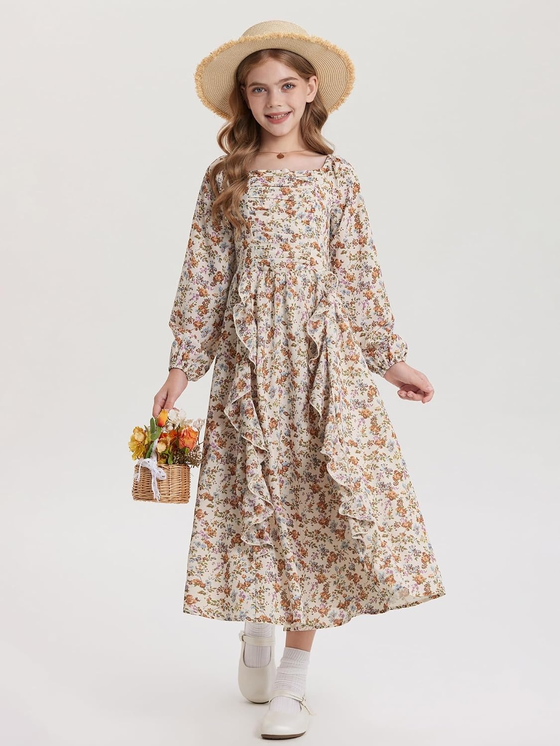 image:imageGRACE KARIN Girls Fall Dresses Long Sleeve Maxi Floral Winter Dress 714YBeige Pumpkin Floral