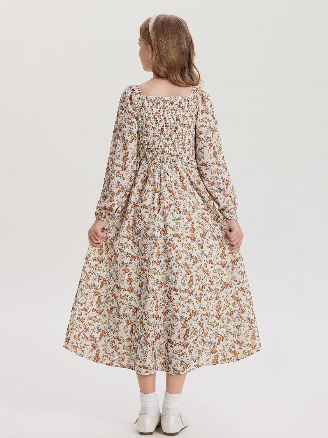 image:imageGRACE KARIN Girls Fall Dresses Long Sleeve Maxi Floral Winter Dress 714YBeige Pumpkin Floral