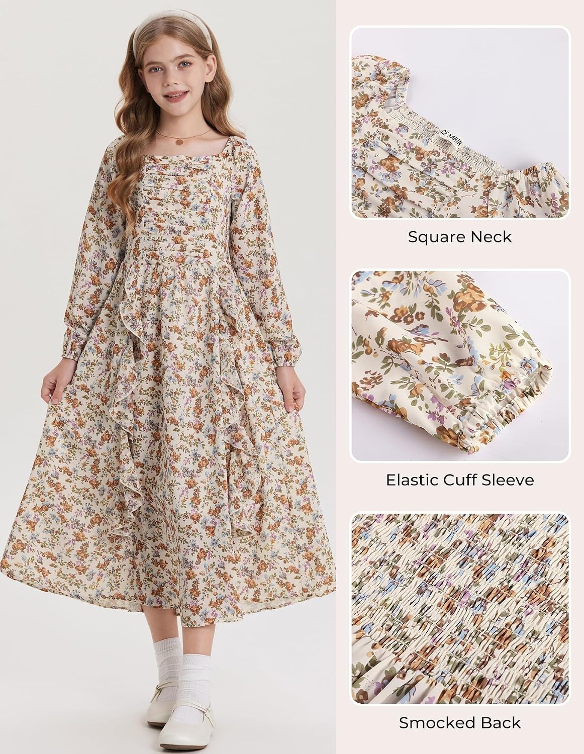 image:imageGRACE KARIN Girls Fall Dresses Long Sleeve Maxi Floral Winter Dress 714YBeige Pumpkin Floral