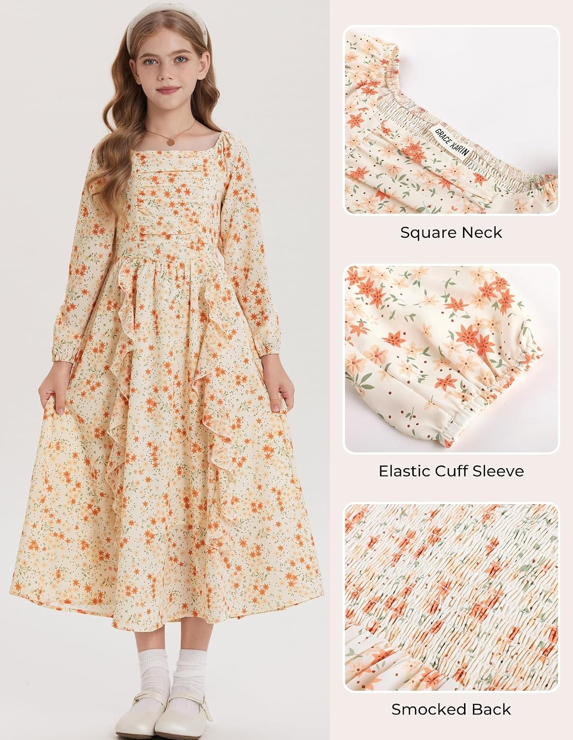 image:imageGRACE KARIN Girls Fall Dresses Long Sleeve Maxi Floral Winter Dress 714YCream Orange Ditsy Floral