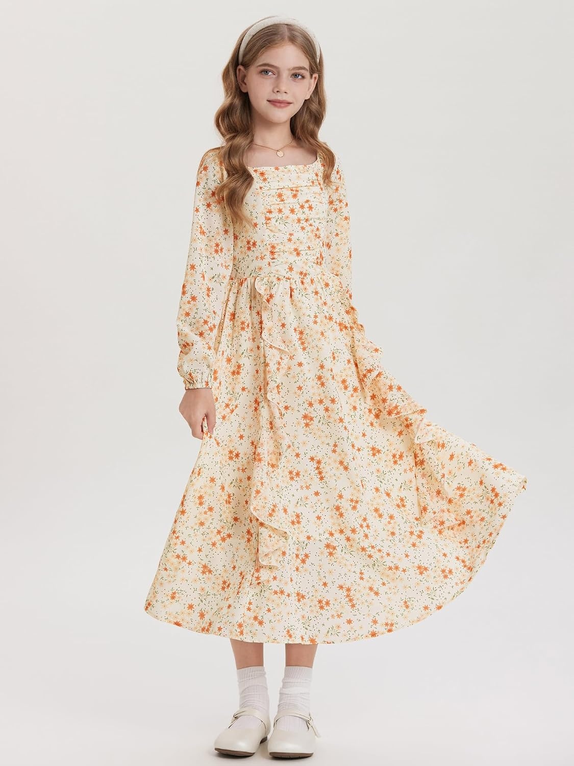 image:imageGRACE KARIN Girls Fall Dresses Long Sleeve Maxi Floral Winter Dress 714YCream Orange Ditsy Floral