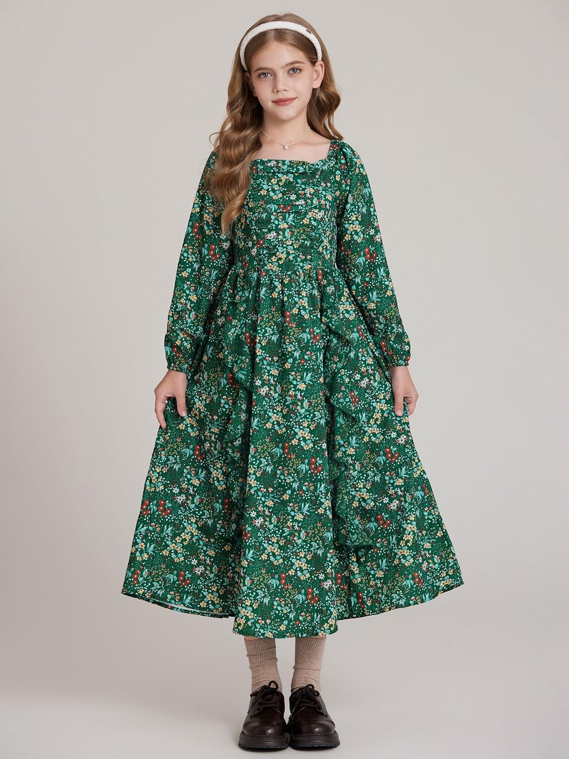 image:imageGRACE KARIN Girls Fall Dresses Long Sleeve Maxi Floral Winter Dress 714YDark Green Floral